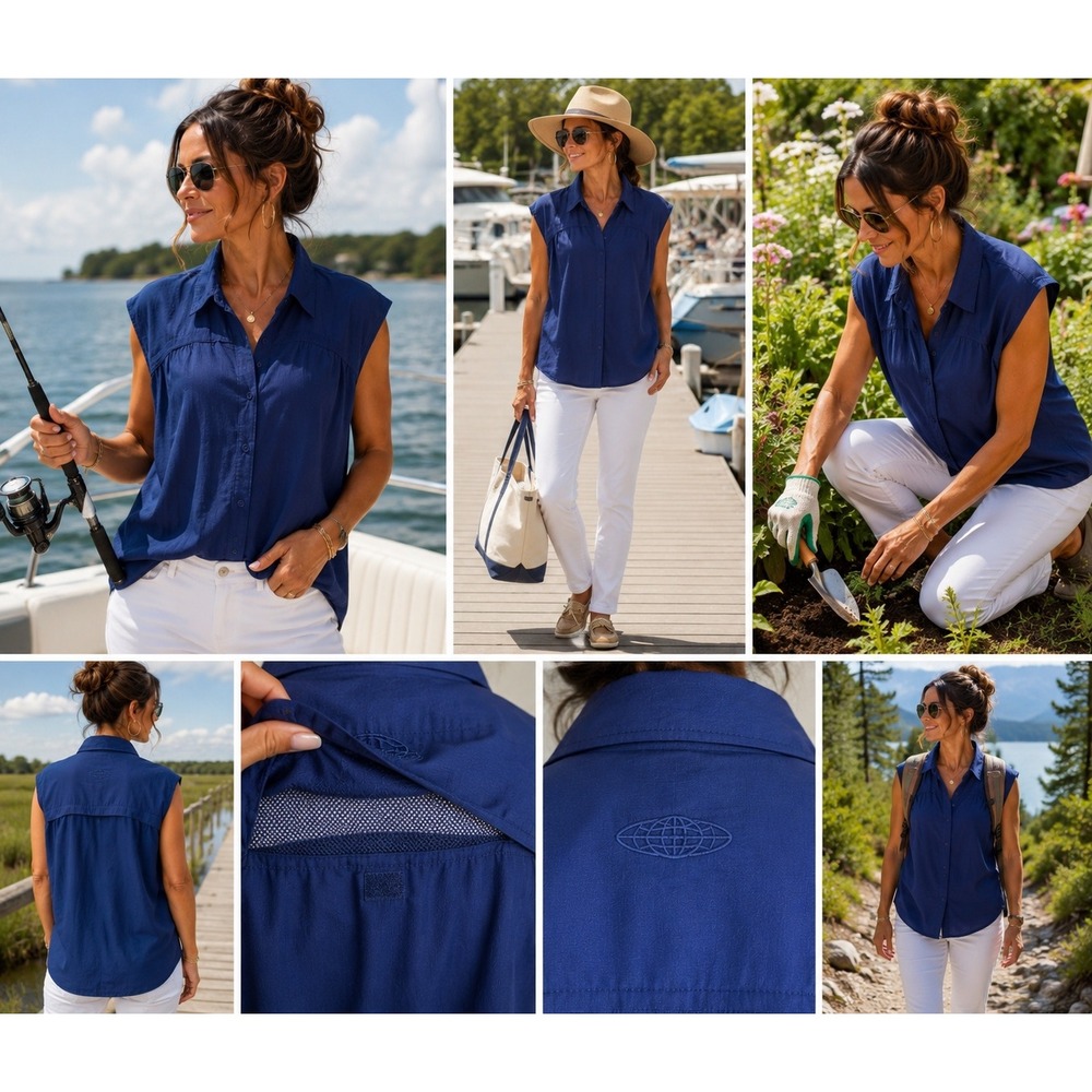 Reel Legends Womens Blue Sleeveless Fishing Shirt Vented Performance Top Large